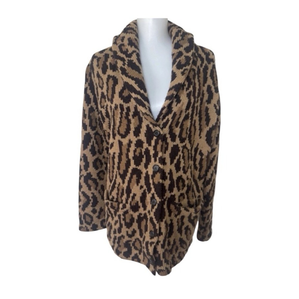 VTG Ralph Lauren Leopard Ocelot Lambswool Hand Knit Cardigan Sweater Small Brown